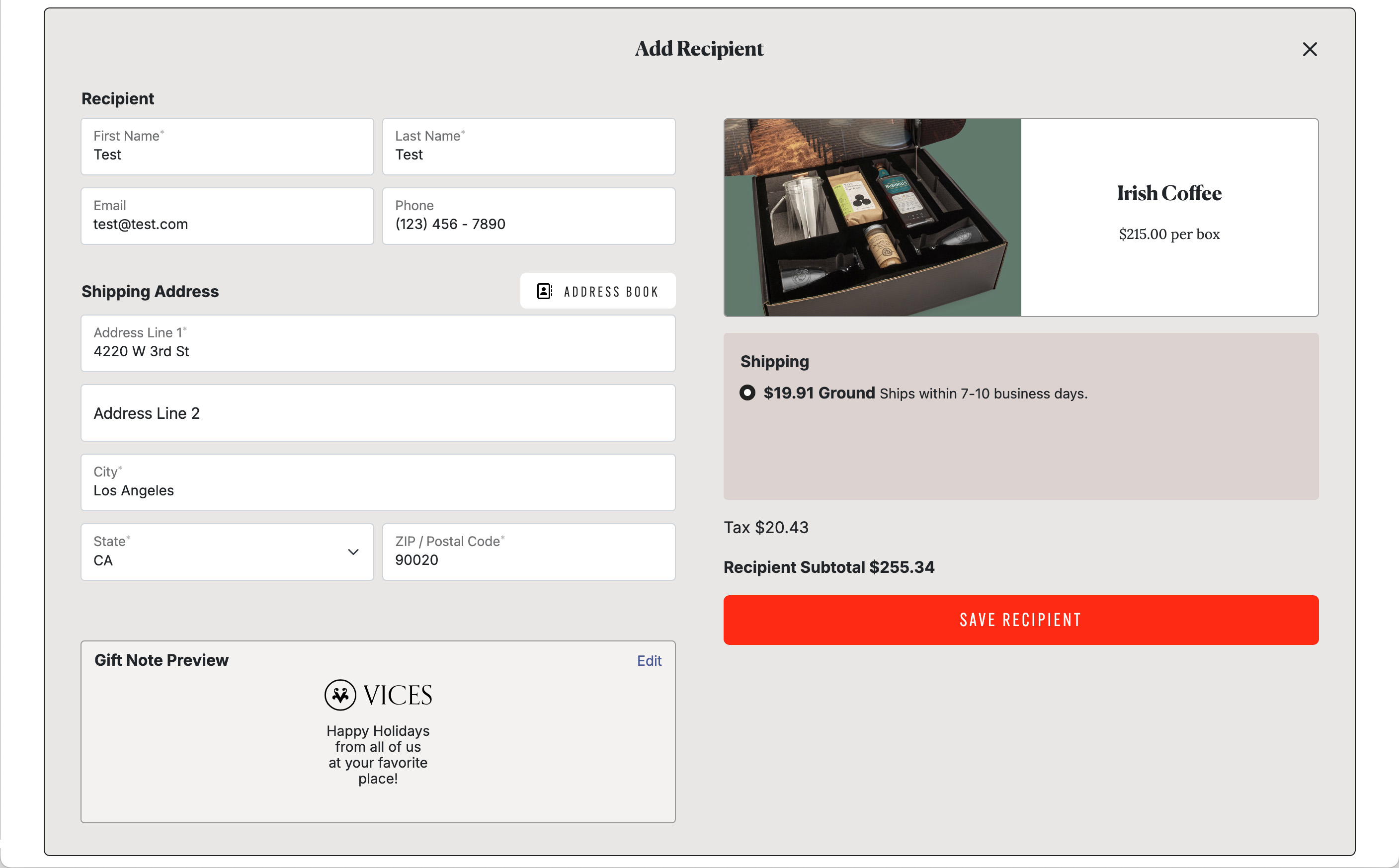 Checkout Page Recipient Form