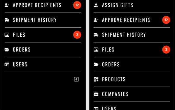 Left: Client Nav, Right: Admin Nav
